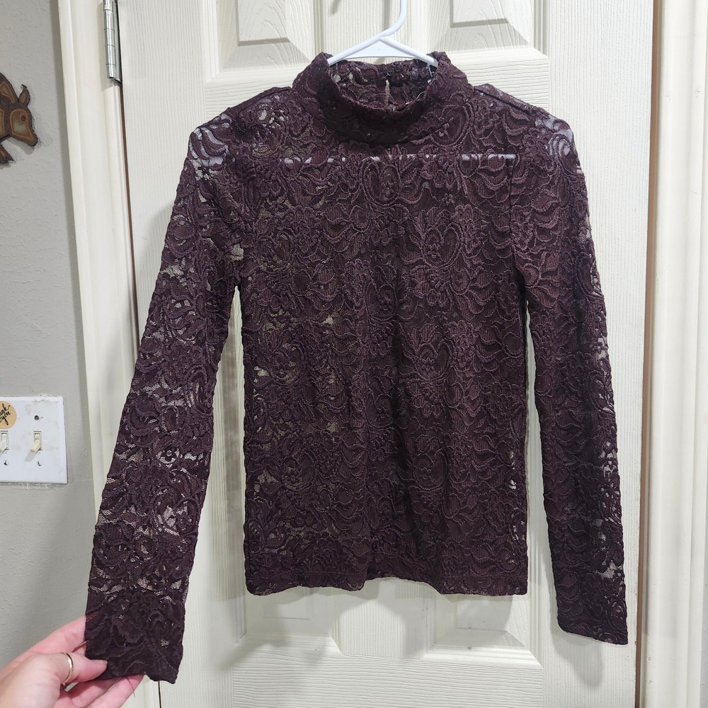 LOFT Women XS Petite Brown Floral Lace Mock Neck Long Sleeve Blouse Top - Picture 2 of 7